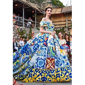 Креп коприна Dolce&Gabbana принт бяло-син